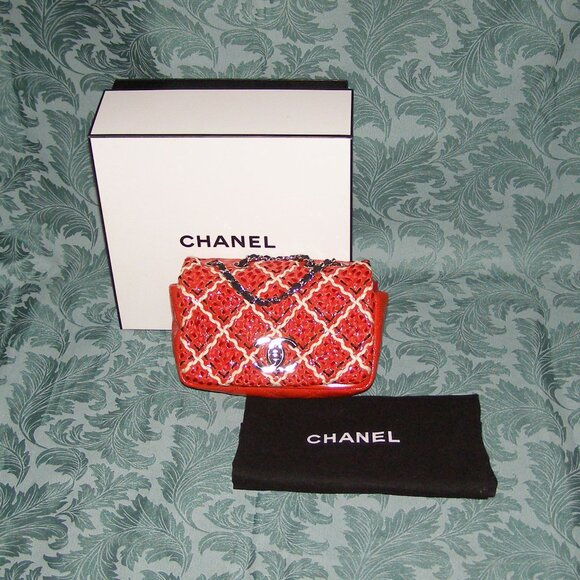 RARE Chanel Red Mini Patent Leather Woven Stitch Tweed Flap Bag - Picture 2 of 16